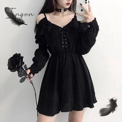 Ingvn - Women dress demon girl original black spring and autumn sexy high waist femme dress shoulder long sleeve gothic dress A085