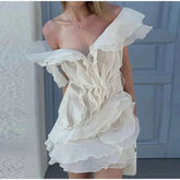 Elegent Layered Ruffle Edge Mini Dresses Women Sexy Boat Neck Sleeveless Backless Solid Dress Summer Lady Vacation Vestidos