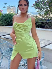 Ingvn - Satin Sexy Backless Slit Women Dress Green Spaghetti Strap Hollow Out Dresses Women Summer Skinny Fashion Party Clubwear