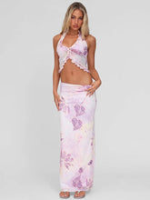Mesh Print Sexy Skirt Two Piece Set Women Fashion Halter Tank Tops And Maxi Skirt Female Elegant Printed 2 Piece Set