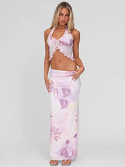 Mesh Print Sexy Skirt Two Piece Set Women Fashion Halter Tank Tops And Maxi Skirt Female Elegant Printed 2 Piece Set