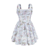 Floral Print Tank Mini Dress Women Lace Spliced O Neck Sleeveless A-line Holiday Casual Summer Dresses Party Robe