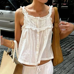 Women Y2k Lace Ruffle Trim Tank Top Fairycore Sexy Sheer Button Front Scoop Neck Camisole Cute Going Out Crop Tops Boho Vest