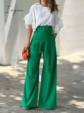Ingvn - Women's Shirt Pants Sets White Solid Color Ruffle Half Sleeve Casual Daily Fashion Round Neck Regular Fit Spring & Fall