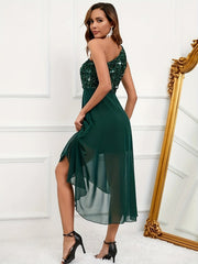 One Shoulder Mesh Dress, Elegant Sequined Contrast Backless High Low Hem Sleeveless Dress, Women's Clothing For Party Dressing