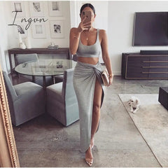 Ingvn - Sexy Party 2 Piece Set Women Plus Size Crop Top Twist Side Split Long Skirts Matching Sets Club Two Piece Outfits