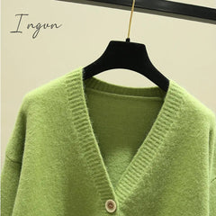 Ingvn - Oversized Cardigan Women Spring Casual Solid V Neck Long Sleeve Cardigan Sweater Female Knit Jacket Coat Green Pink