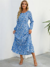 Vibrant Floral Print Long Sleeve Crew Neck Ruffle Dress - Flowy, Bohemian Chic, Casual, Comfortable, Women's Long Dresses for Daily Wear - Perfect for Spring, Summer, and Autumn Seasons