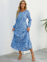 Vibrant Floral Print Long Sleeve Crew Neck Ruffle Dress - Flowy, Bohemian Chic, Casual, Comfortable, Women's Long Dresses for Daily Wear - Perfect for Spring, Summer, and Autumn Seasons