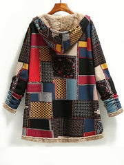 Retro Patchwork Hooded Jacket, Long Sleeve Button Up Casual Lightweight Outerwear For Fall & Winter, Women's Clothing