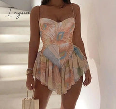 Ingvn - Women Spaghetti Strap Blooming Floral Print Ruffles Irregular Dress Mini Dress Elegant Fashion Chic Dress