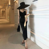 Ingvn - New French Vintage Women Elegant Party Dresses Summer Red Silk Mid Length Spaghetti Straps Long Satin Dress