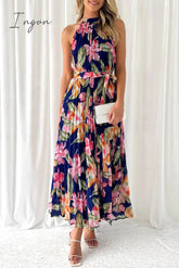 Ingvn- Vintage Elegant Floral Frenulum Halter Printed Dress Dresses