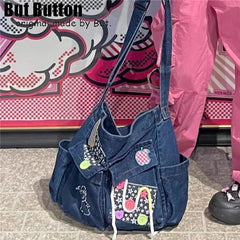 Ingvn Y2k Girl Vintage Harajuku Punk Gothic Multi Pocket Denim Designer Large Capacity One Shoulder Handbag Womens Crossbody Tote Bag