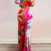Two-piece Set, Long Sleeve Crop Top & Drawstring Wide Leg Pants Outfits, Casual Tie Dye Women's Clothing