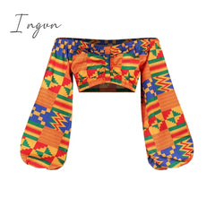 Ingvn - Elegant Women Two Piece Set Dress Sexy Slash-neck Sleeveless Blouse Top +High Slit Skirt Vintage Africa National Print Lady Suit