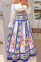 Ingvn - Sexy Print Flounce Contrast Off the Shoulder Long Sleeve Two Pieces