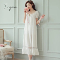 Ingvn - Fashion Trends Summer Women Nightgowns White Cotton Short Sleeve Nightdress Vintage Long Sleepwear Lace Sexy Nightwear Home Night Dress