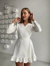 Ingvn - Casual Ruffle Mini Dress Ladies Elegant Long Sleeve V-Neck Party Dress New Fashion Solid Sweet Spring Dresses Women Clothes