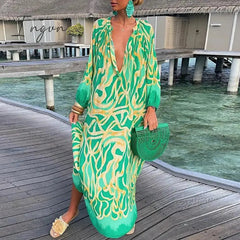 Ingvn - Autumn New Women's Loose Long Sleeves Dress Casual Printed Long Sleeves Streetwear Ladies Fashion V Neck Elegant Commute Dresses