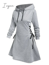 Ingvn - Casual Women Long Sleeve Autumn Dress Drawstring Lace Up Mini Hoodie Dress Vestidos Femme Gothic Fashion Dress Streetwear