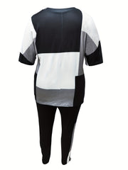 Plus Size Casual Outfits Set, Women's Plus Colorblock Geometric Print Long Sleeve Round Neck Top & Pants With Pockets Outfits 2 Piece Set