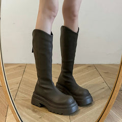 Ingvn Vintage Platform Women Knee High Boots Fashion Back Zippers Shoes Autumn Winter Thick Heel Ladies Knight Long Booties