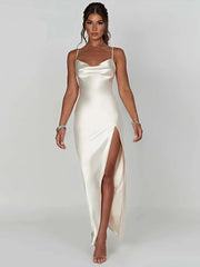 Stretch Satin Backless Maxi Dress For Women Robe Summer Spaghetti Strap Sleeveless Backless High Split Sexy Long Dress