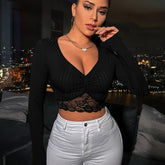 Charming Cropped Lace V-Neck T-shirt - Solid Color Long Sleeve Top - Womens Casual Fashion Essential