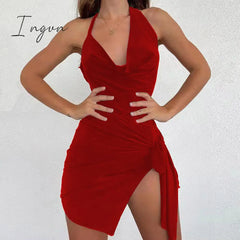 Ingvn - 2023 Summer New Women's Wear Halter Neck Hollow Strappy Slit Sexy Fashion Dress Sexy Backless Irregular Strappy Evening Dress