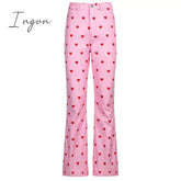 Ingvn - Y2K Pink Pants Heart Printed Sweet Trousers Vintage Aesthetic Party Pants Pockets Joggers Festival Outfits Women New