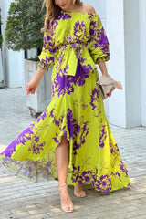 Ingvn - Elegant Floral With Bow Oblique Collar Irregular Dress Dresses