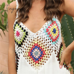 Ingvn - Crochet Beach Cover-ups Summer Tunic Cover Up saida de praia Knitted Swimsuit Ups for Women Vestido Playa Mujer White Dress