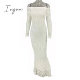 Ingvn - Slash Neck Slim Lace Fishtail Dress Party Women Elegant Long Sleeve Embroidered White Dresses Woman Evening Bride Smaid Vestidos
