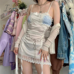 Ingvn - Gifts for women fashion outfits Sexy Lace Hot Nightdress High Waist Lace Mesh Drawstring Mini Tank Summer Dress Dresses Women Korean Kawaii