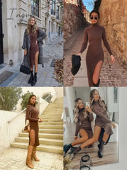 Ingvn - Vintage Elegant Brown Sheath Rib Dress Women Fashion Side Open Half Turtleneck Long Dresses Female Chic Vestidos