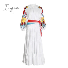 Ingvn - High Quality Luxury Design Runway Female Elegant Embroidery Women Dress Lantern Sleeve High Waist Maxi Long Dresses