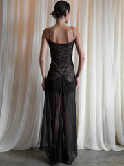 Lace Spaghetti Strap Sexy Maxi Dress Women Fashion Patchwork Sleeveless Backless See Through Club Party Long Dress