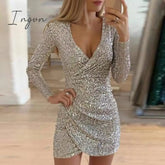 Ingvn - New Sexy Women Dress Sequins Glitter Women V-neck Long Sleeve Self Cultivation Dresses Elegant Ladies Party Dress