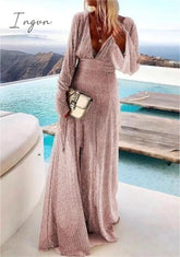 Ingvn - Party Solid Sequins V Neck Evening Dress Dresses