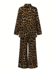 Two-piece Set, Leopard Print Button Front Long Sleeve Shirt & Wide Leg Pants Outfits, Women's Casual Clothing