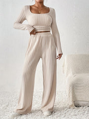 Casual Ribbed Solid Color Pants Set, Low Cut Neck Long Sleeve Crop Top & Elastic Waist Wide Leg Loose Pants, Women's Clothing
