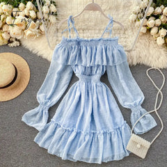 Ingvn - Spring Outfits Sexy ruffles Summer off shoulder short dress spaghetti strap Party elastic waist dress Women casual beach a-line dress
