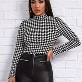 Houndstooth Print Mock Neck T-Shirt, Casual Long Sleeve Slim T-Shirt For Spring & Fall, Women's Clothing