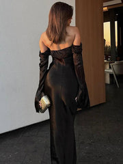 Elegant Women's Backless Satin Autumn Evening Dress Female Flare Long Sleeve Split Maxi Dress Femme Chic Slim Party Dresses