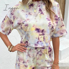 Ingvn - Tie Dye Round Neck Dropped Shoulder Tie Dye Top and Shorts Set