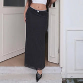 y2k Low Rise Black Long Skirt Cute Bow Patchwork Straight Skirts for Women Streetwear 2000s Ladies Elegant Bottoms Casual