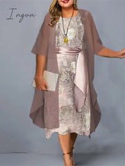 Ingvn - Women's Plus Size Casual Dress Dress Set Two Piece Dress Floral Midi Dress 3/4 Length Sleeve Crew Neck Fashion Daily Pink Wine Summer Spring L XL XXL 3XL 4XL