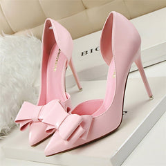 BIGTREE Fashion Delicate Sweet Bowknot High Heel Shoes Side Hollow Pointed Women Pumps Pointed Toe 10.5CM thin Dress Shoes