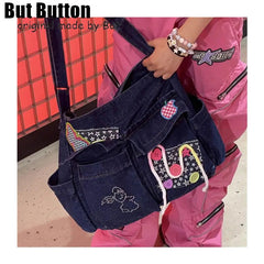 Ingvn Y2k Girl Vintage Harajuku Punk Gothic Multi Pocket Denim Designer Large Capacity One Shoulder Handbag Womens Crossbody Tote Bag